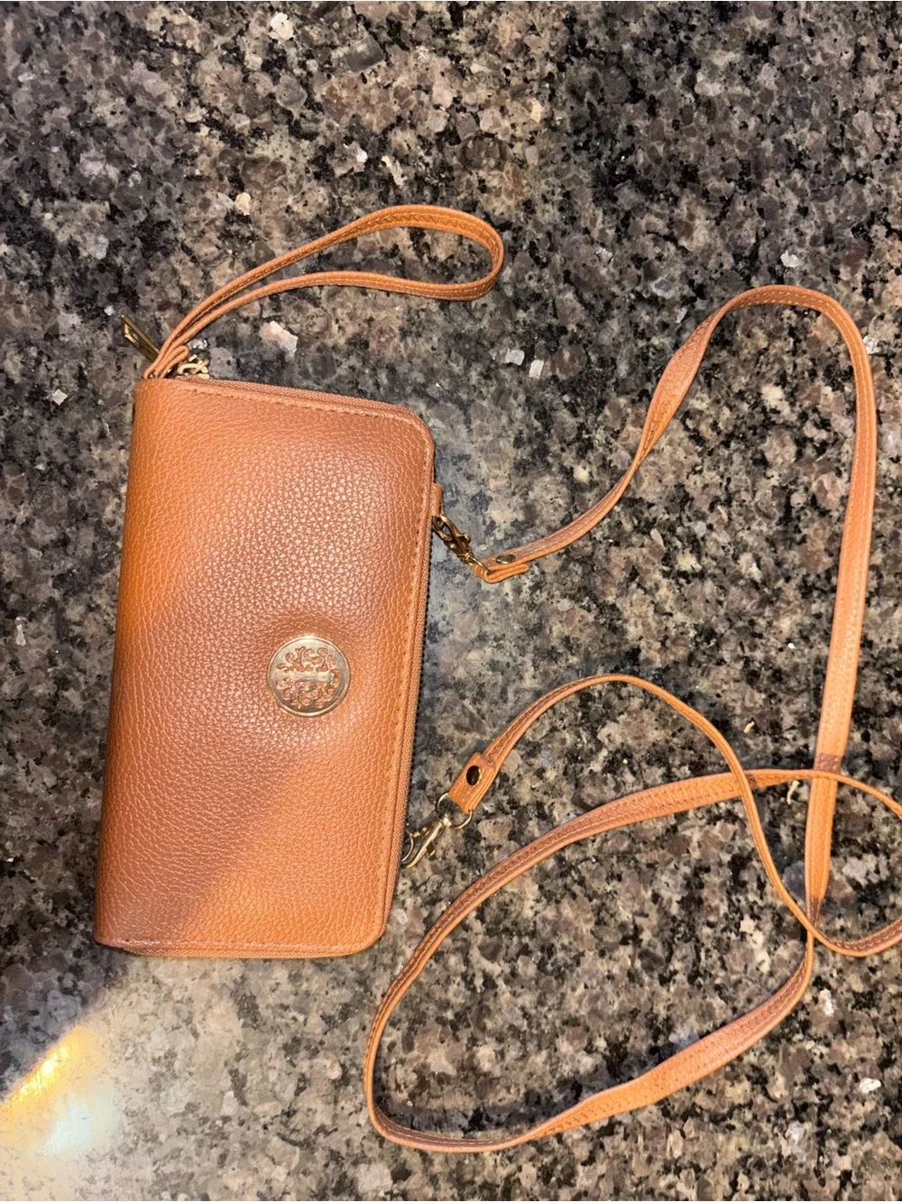 Pebbled Leather Crossbody Wallet - Saddle Brown
